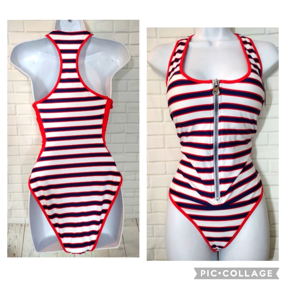 Smart & Sexy Nautical Striped Zipfront One Piece Swimsuit (NWD)